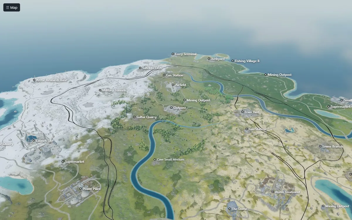 The 3D view of a Large map: most of the island, with Launch Site and the Power Plant in front and its other monuments into the distance