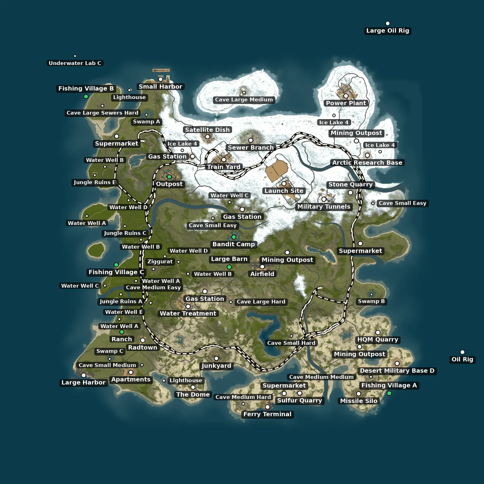The Official size example map from above, with its monuments named