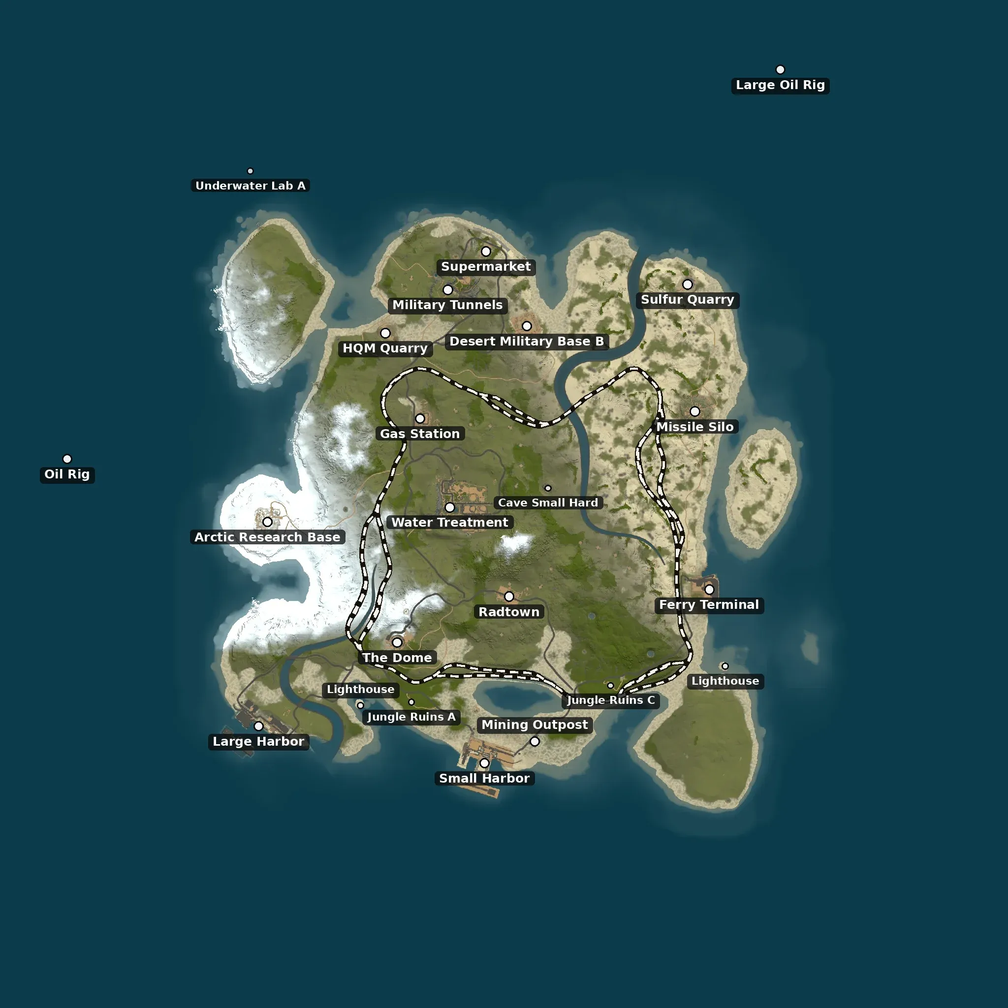 The Skirmish example map from above, with its monuments named