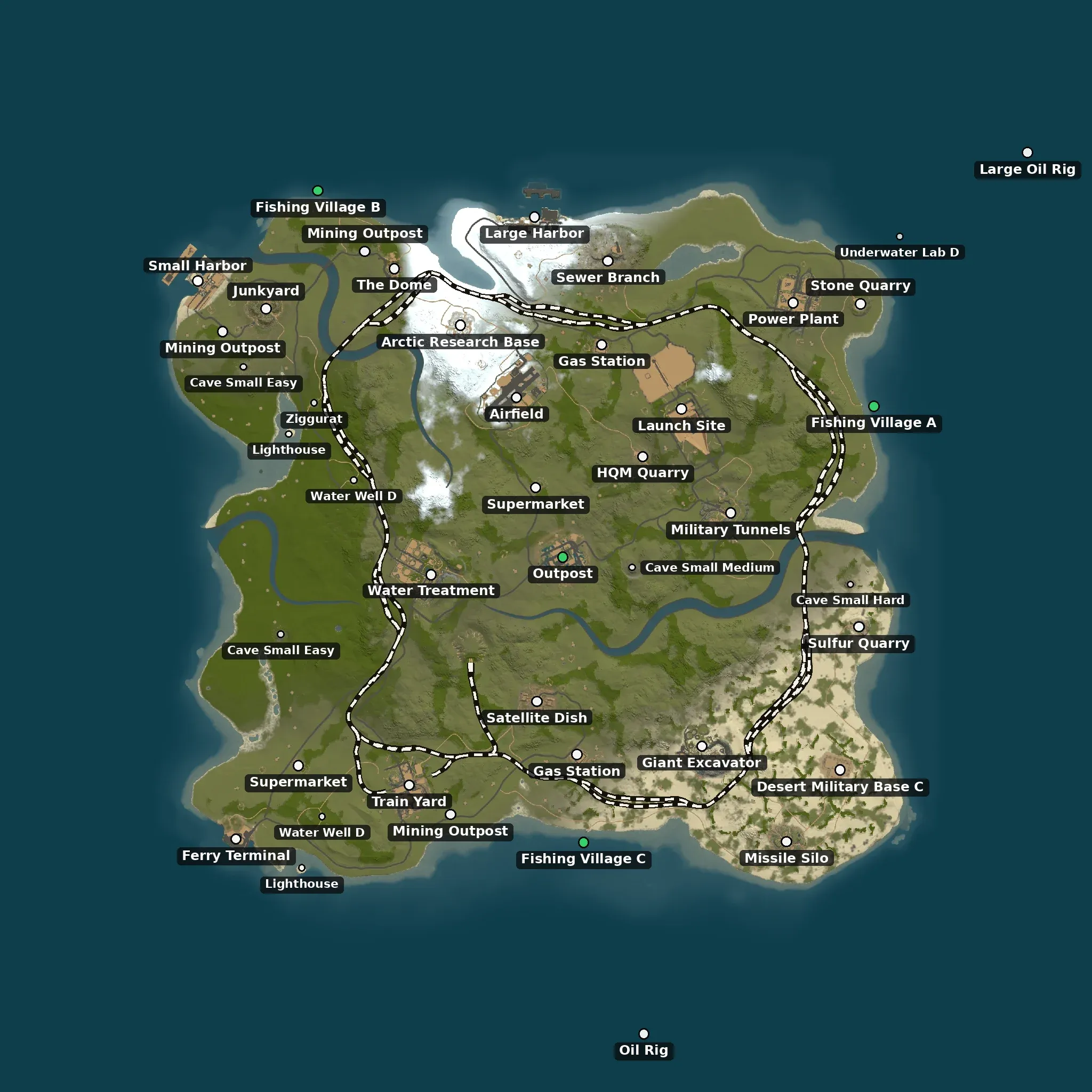 The Four biomes example map from above, with its monuments named