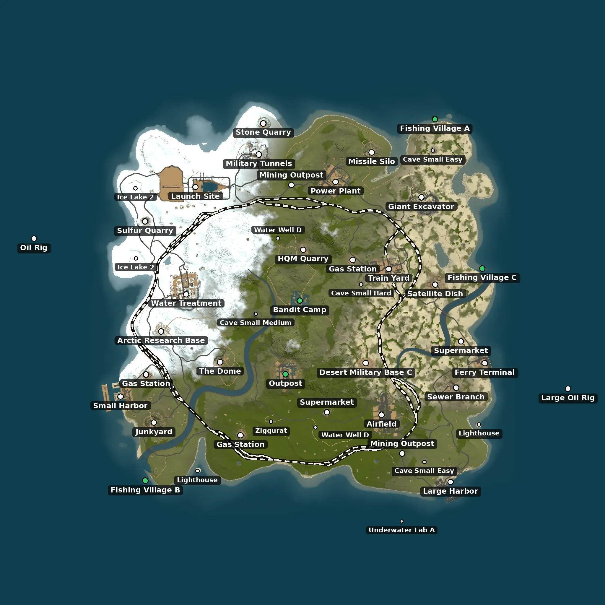 The Bandit Camp in the middle example map from above, with its monuments named