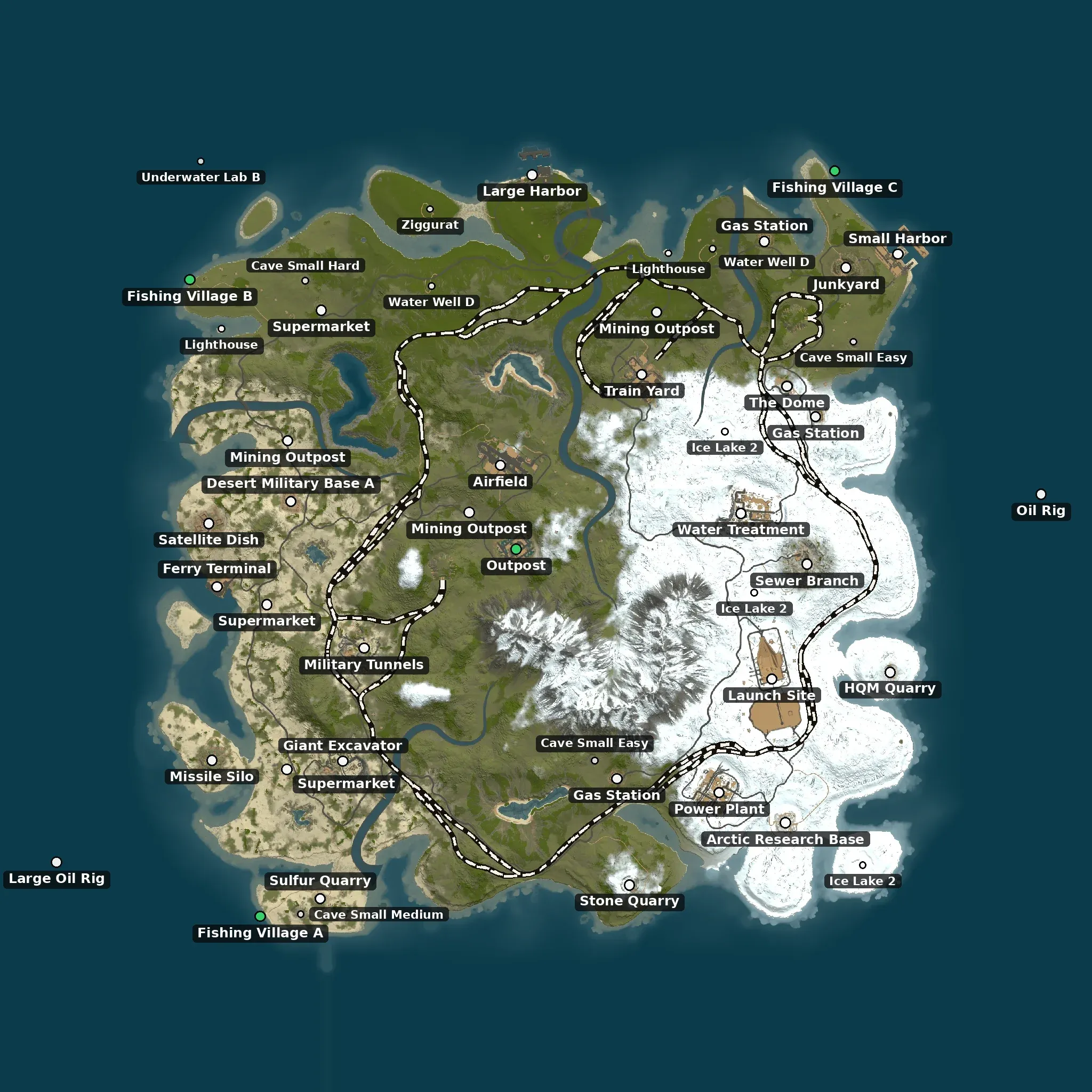 The Highlands at 4500 example map from above, with its monuments named