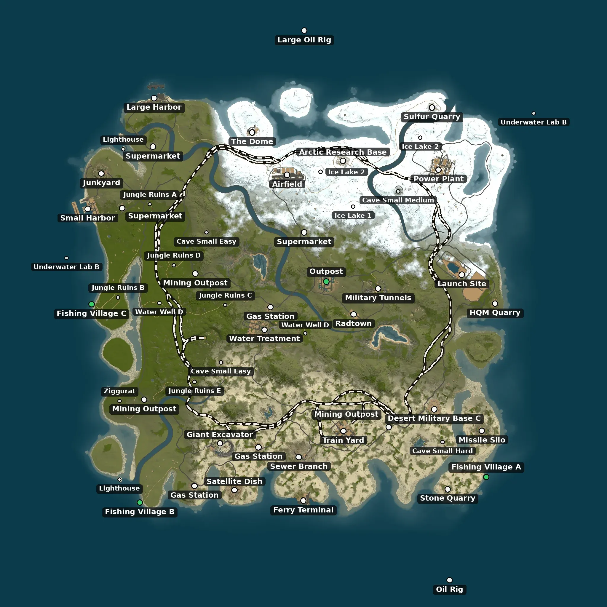 The Large at 4500 example map from above, with its monuments named