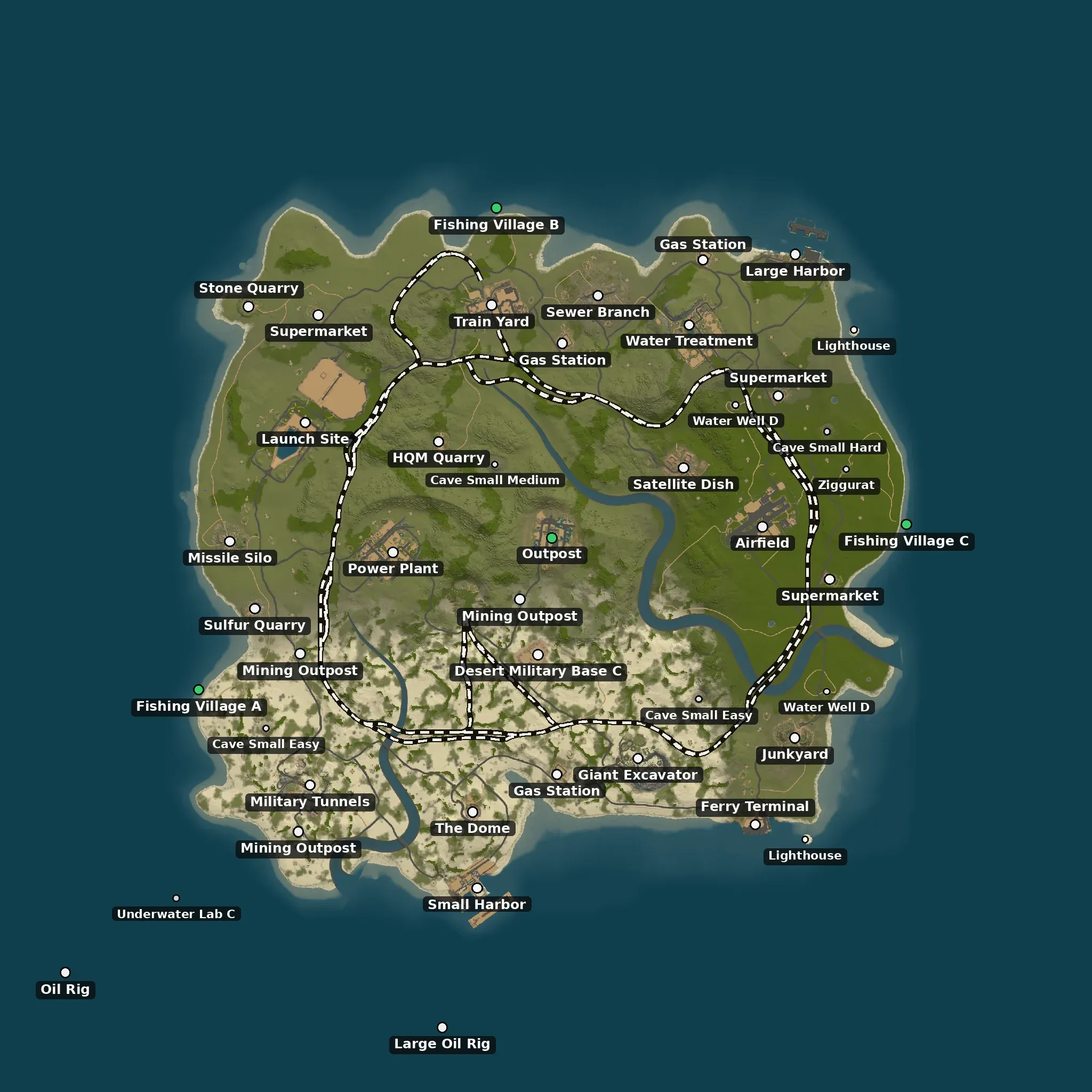 The No snow example map from above, with its monuments named