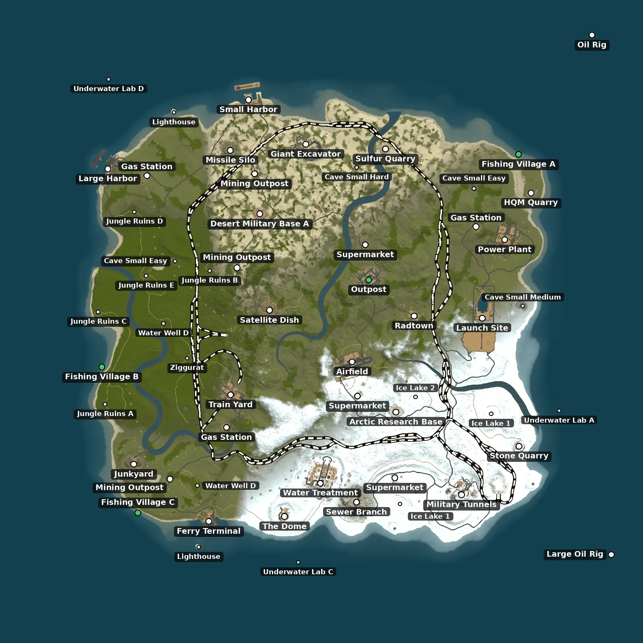 The Mainland example map from above, with its monuments named