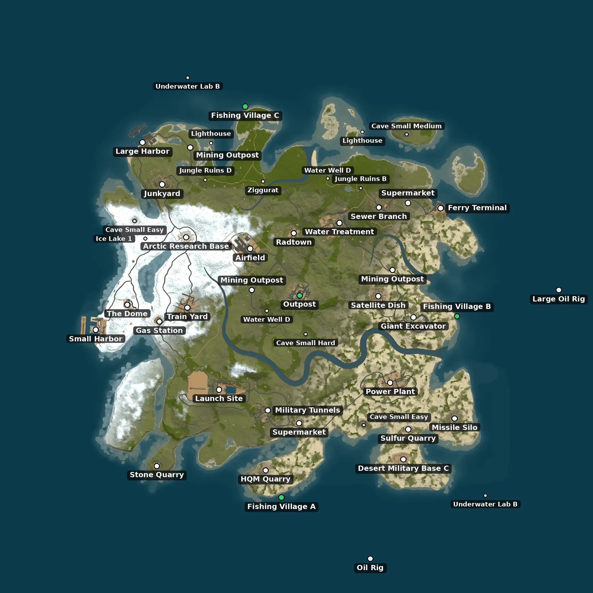 The Islands example map from above, with its monuments named