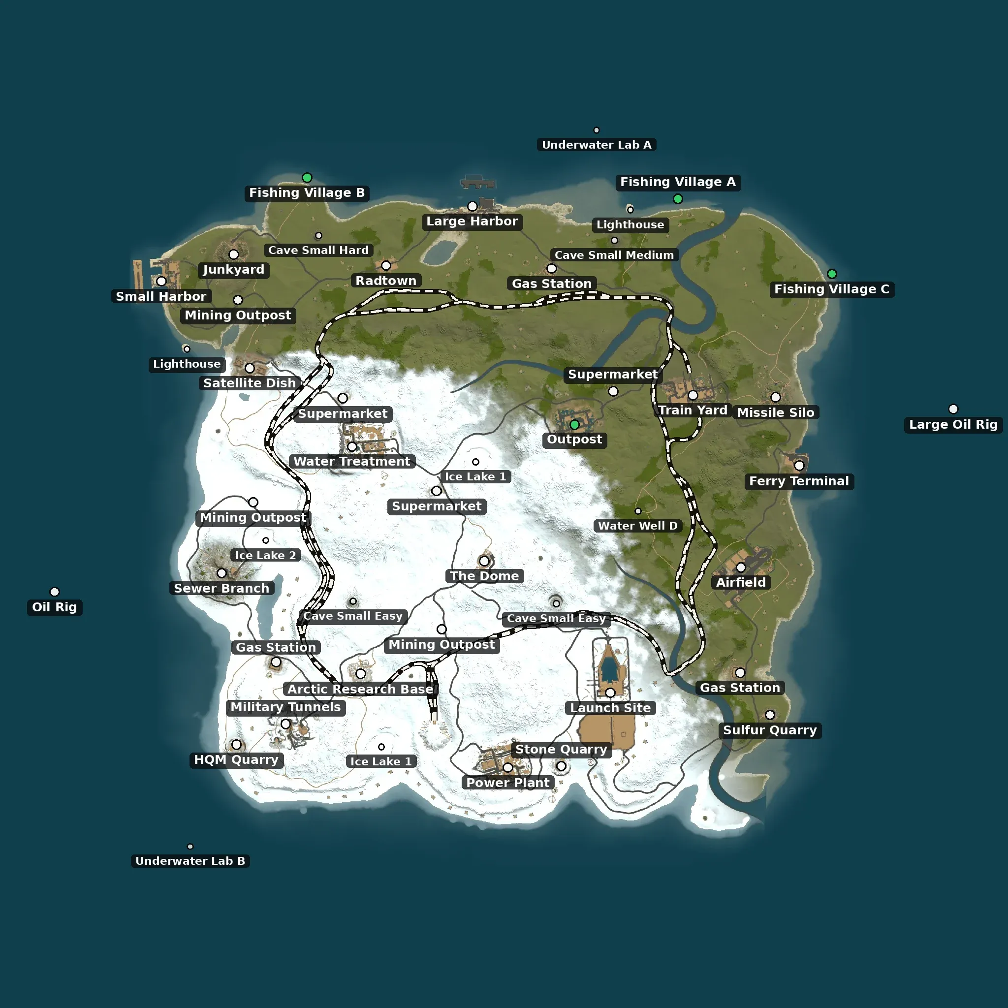 The Snowbound example map from above, with its monuments named