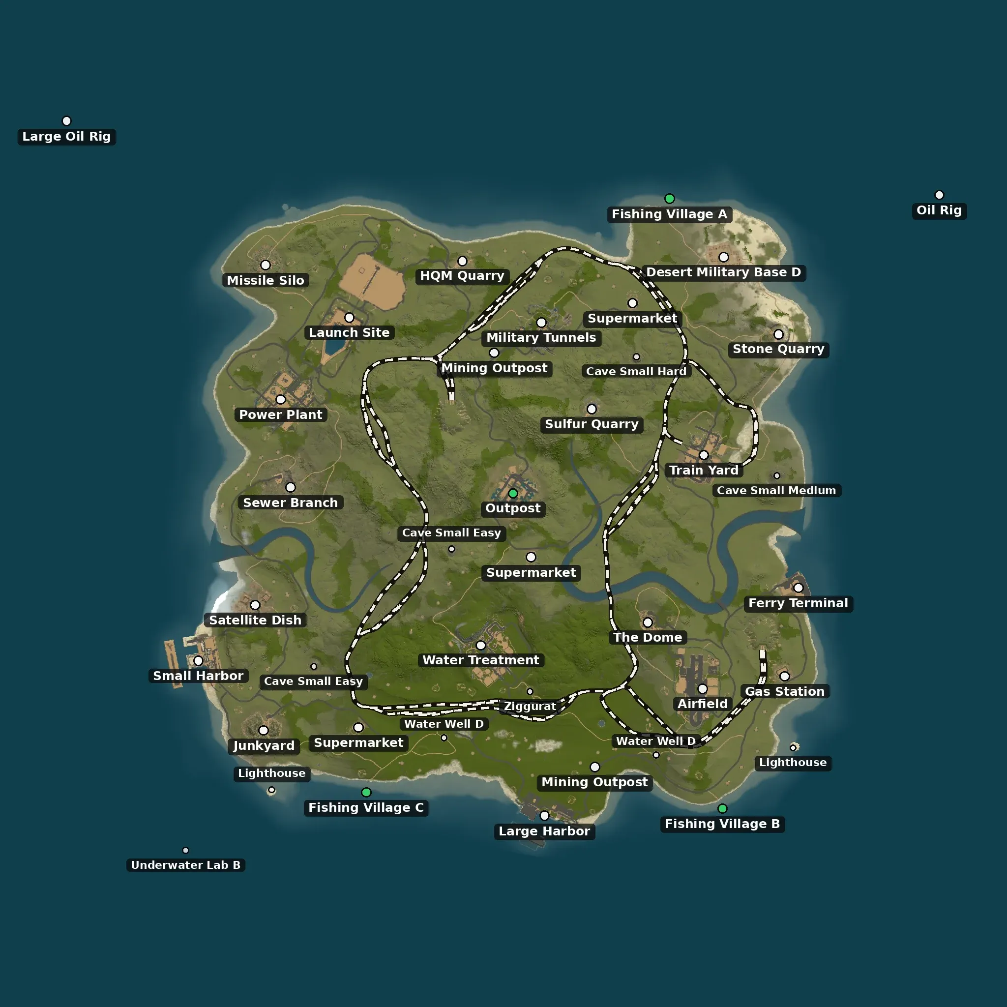The Evergreen example map from above, with its monuments named