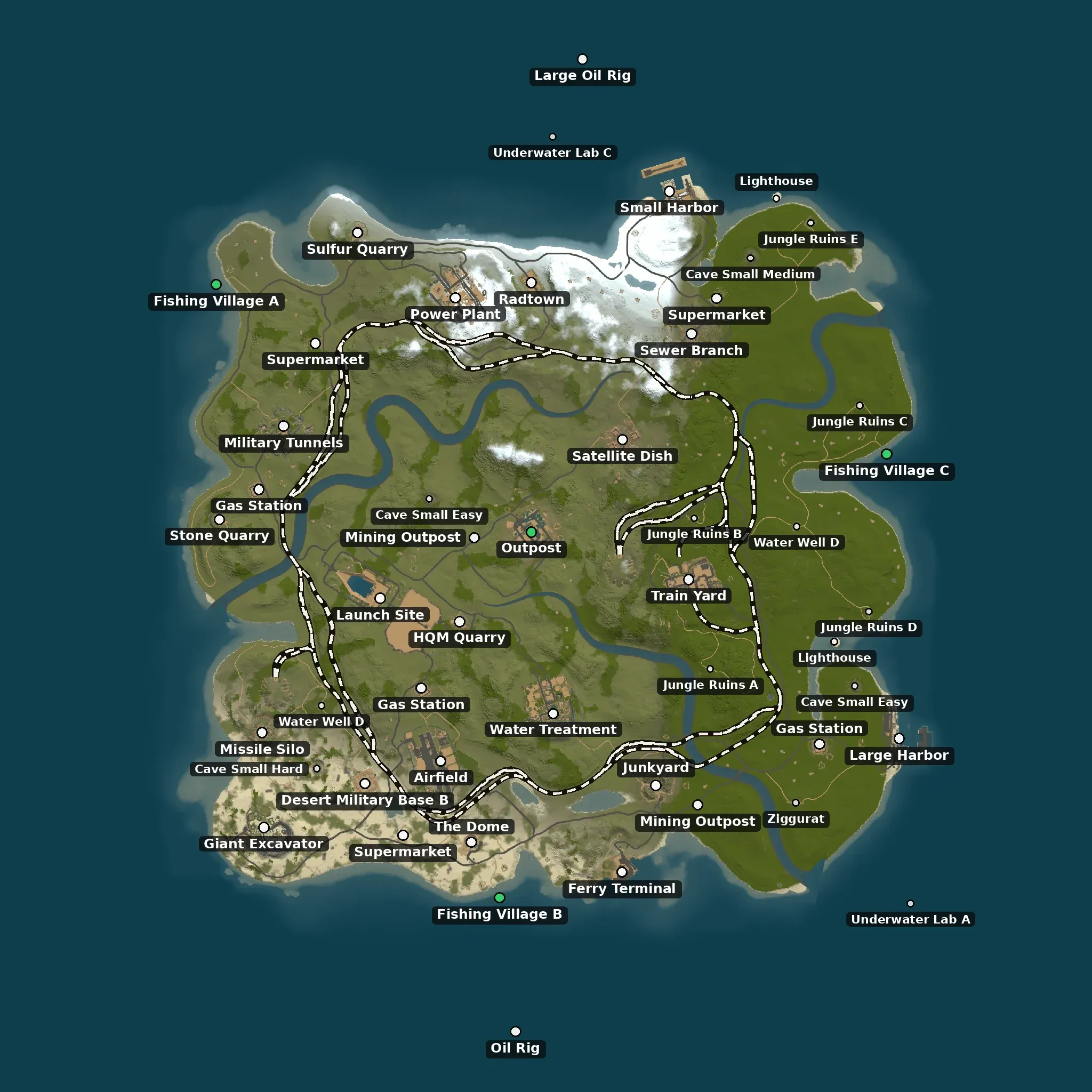 The Jungle example map from above, with its monuments named