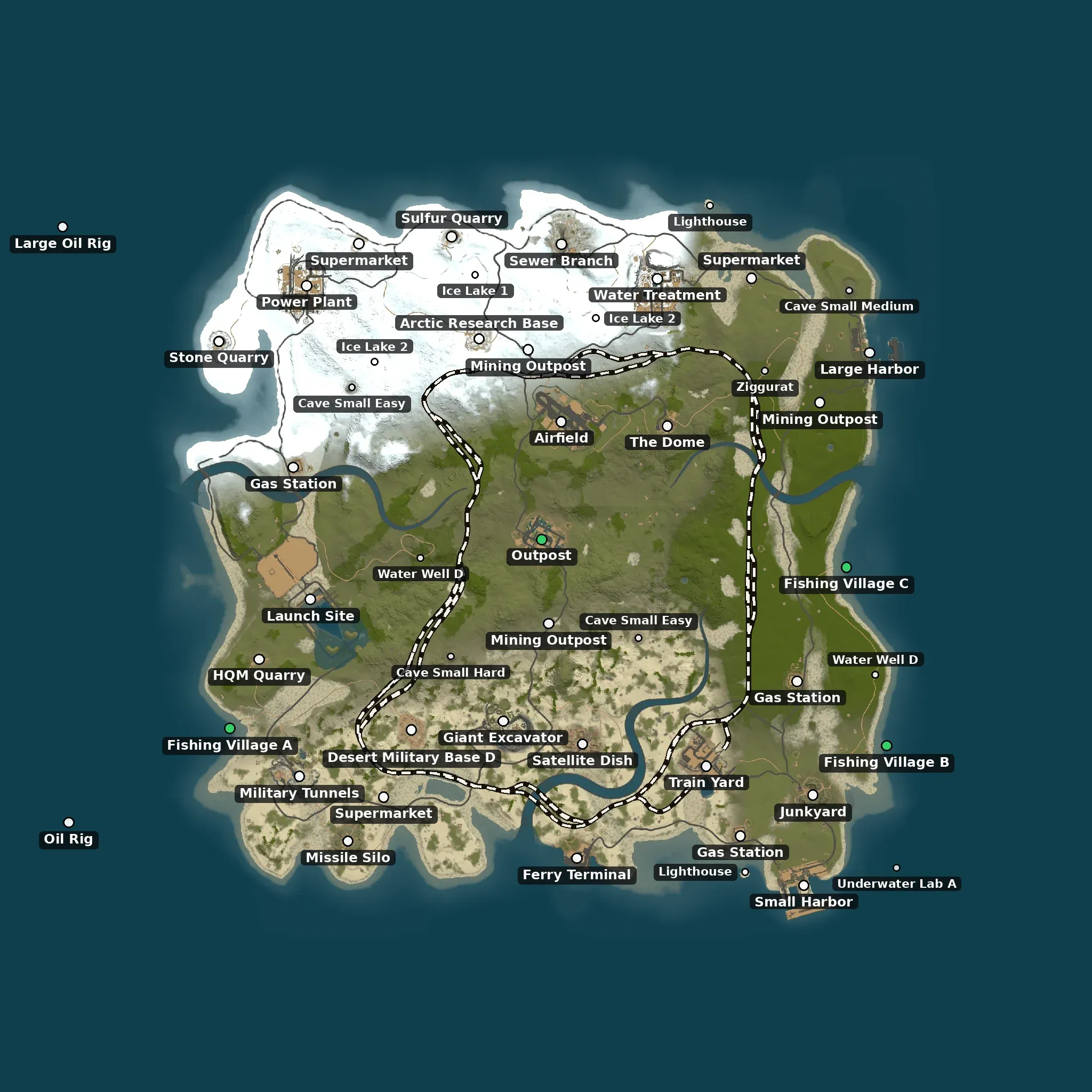 The Flatlands example map from above, with its monuments named