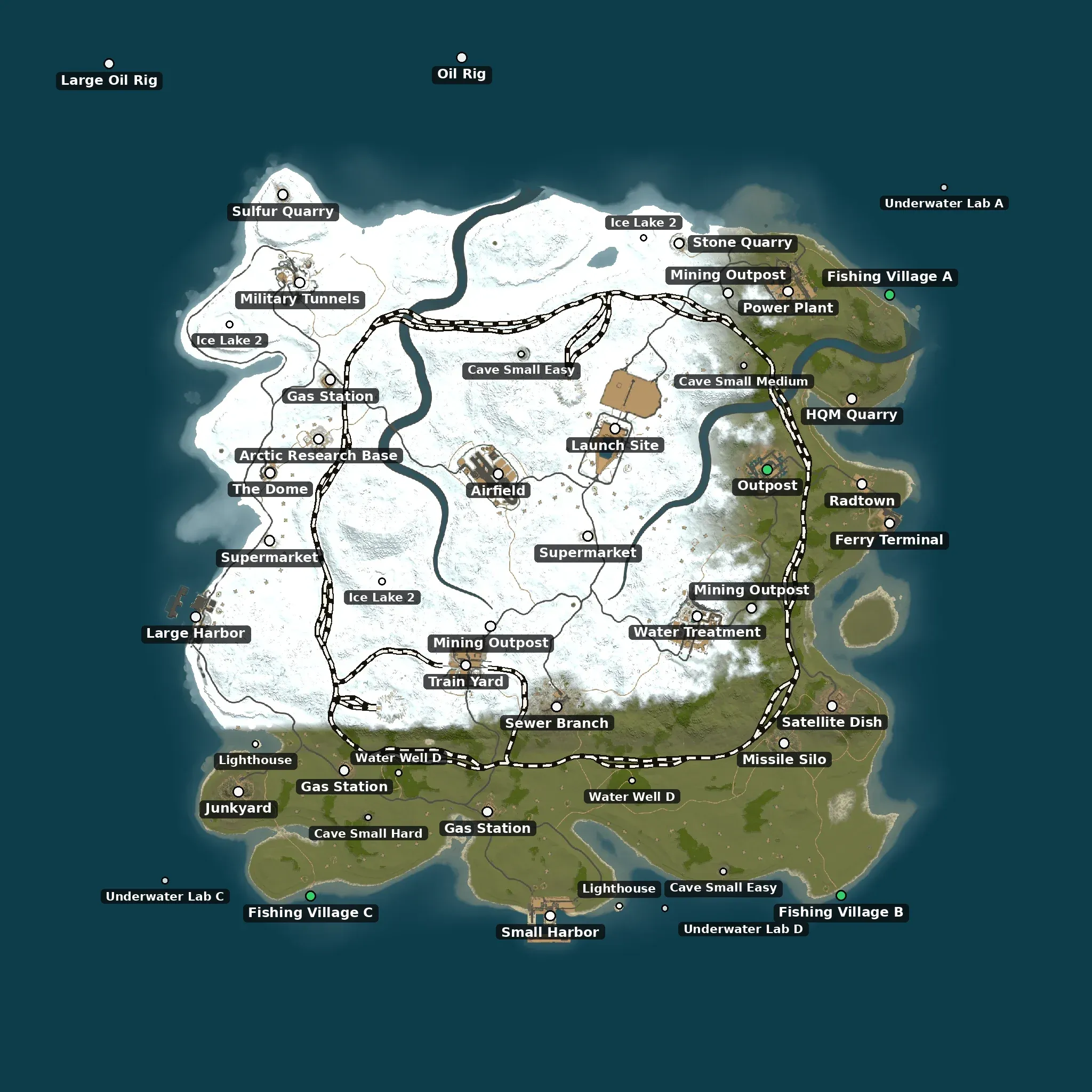 The Whiteout example map from above, with its monuments named