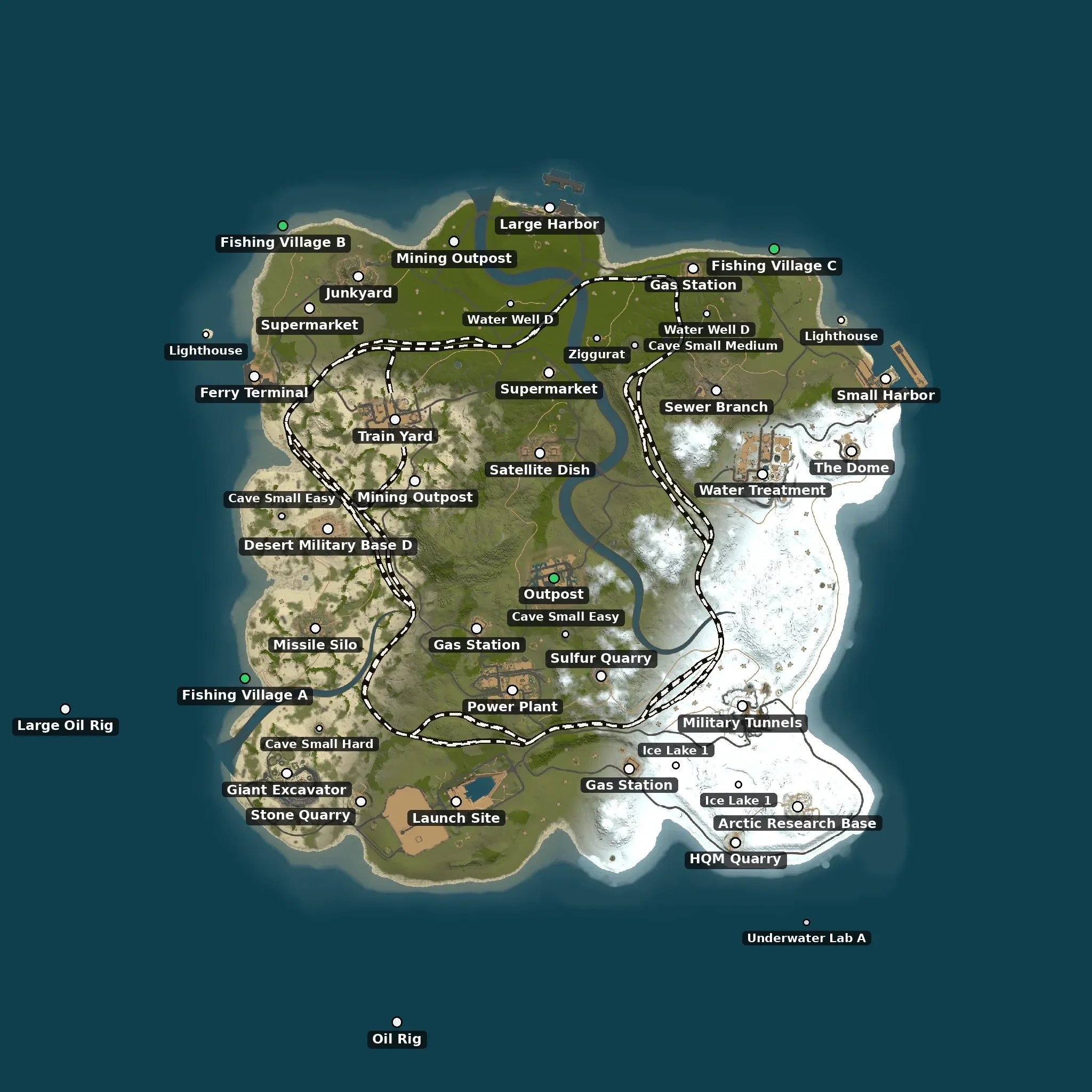 The Medium example map from above, with its monuments named