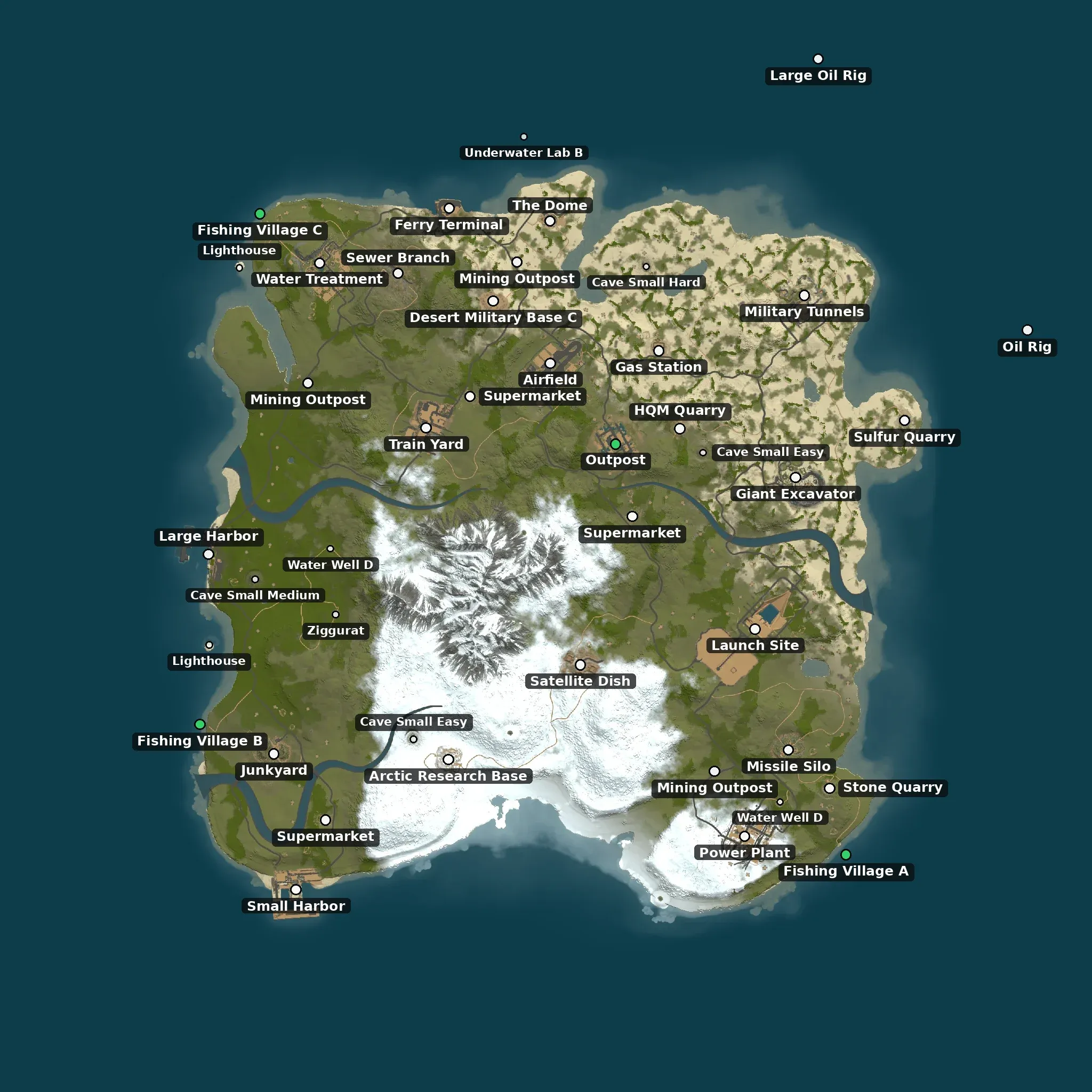 The Highlands example map from above, with its monuments named