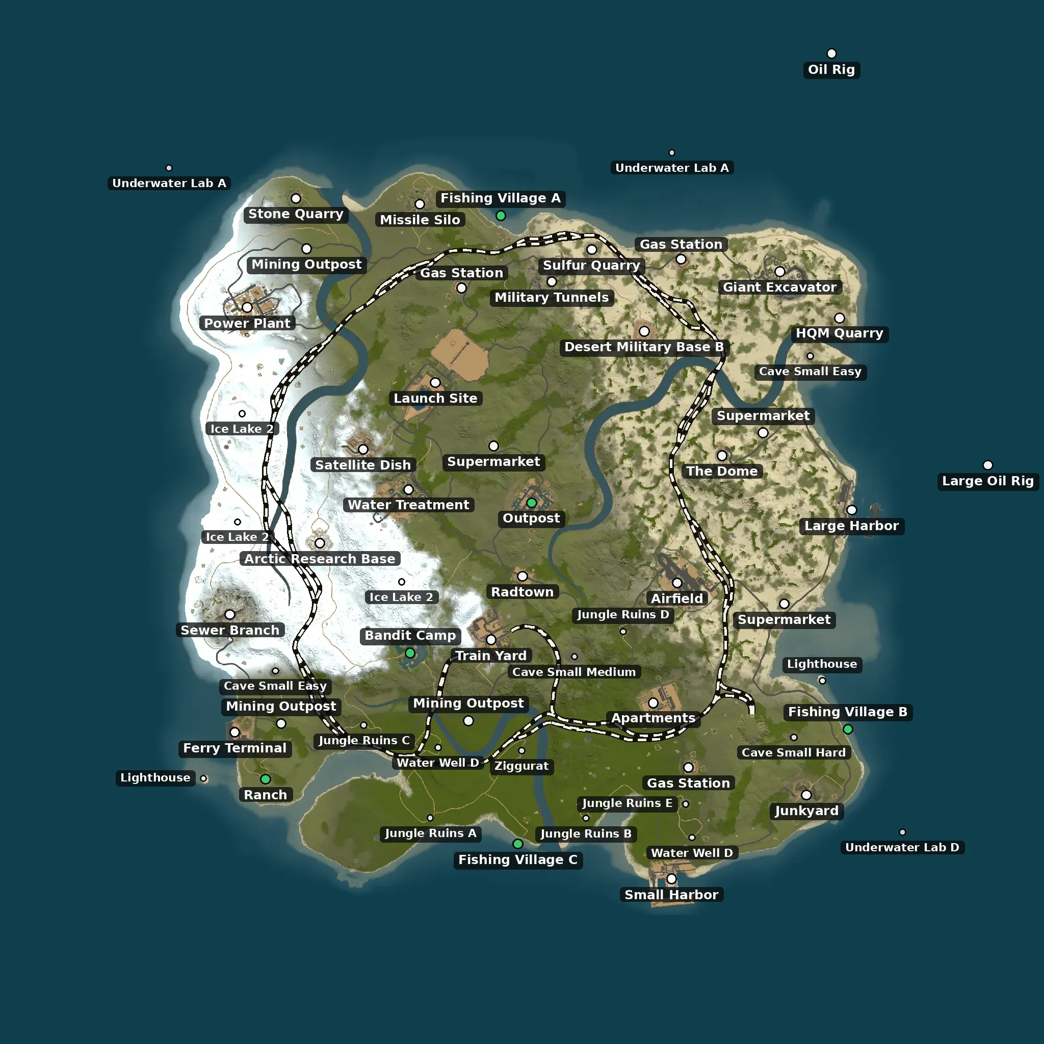 The Every big monument example map from above, with its monuments named