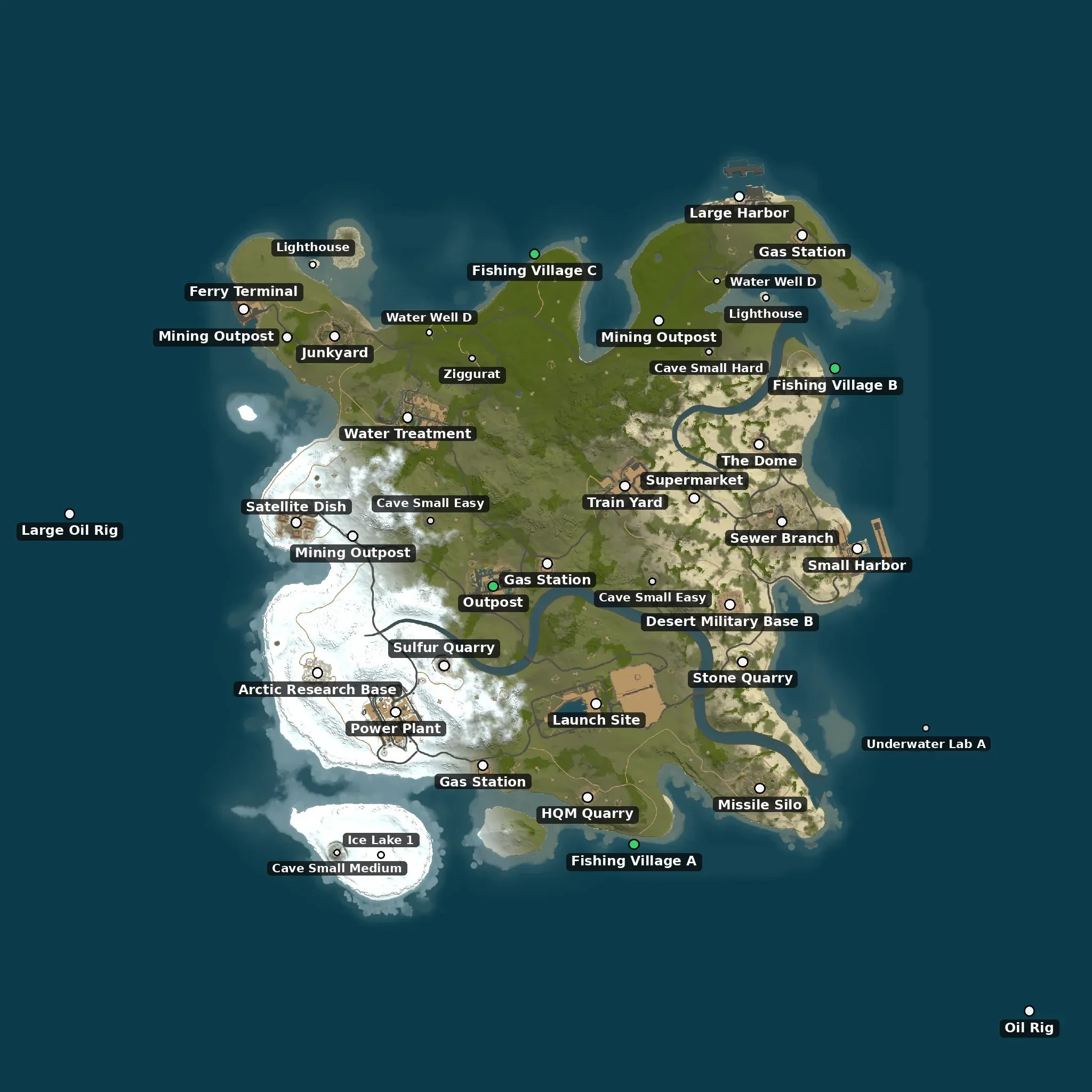 The Archipelago example map from above, with its monuments named
