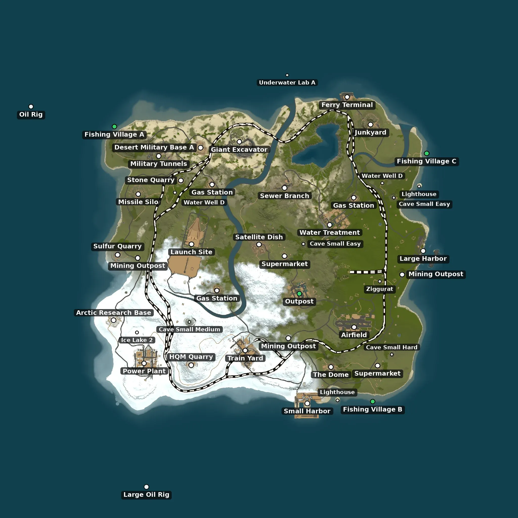 The Canyons example map from above, with its monuments named