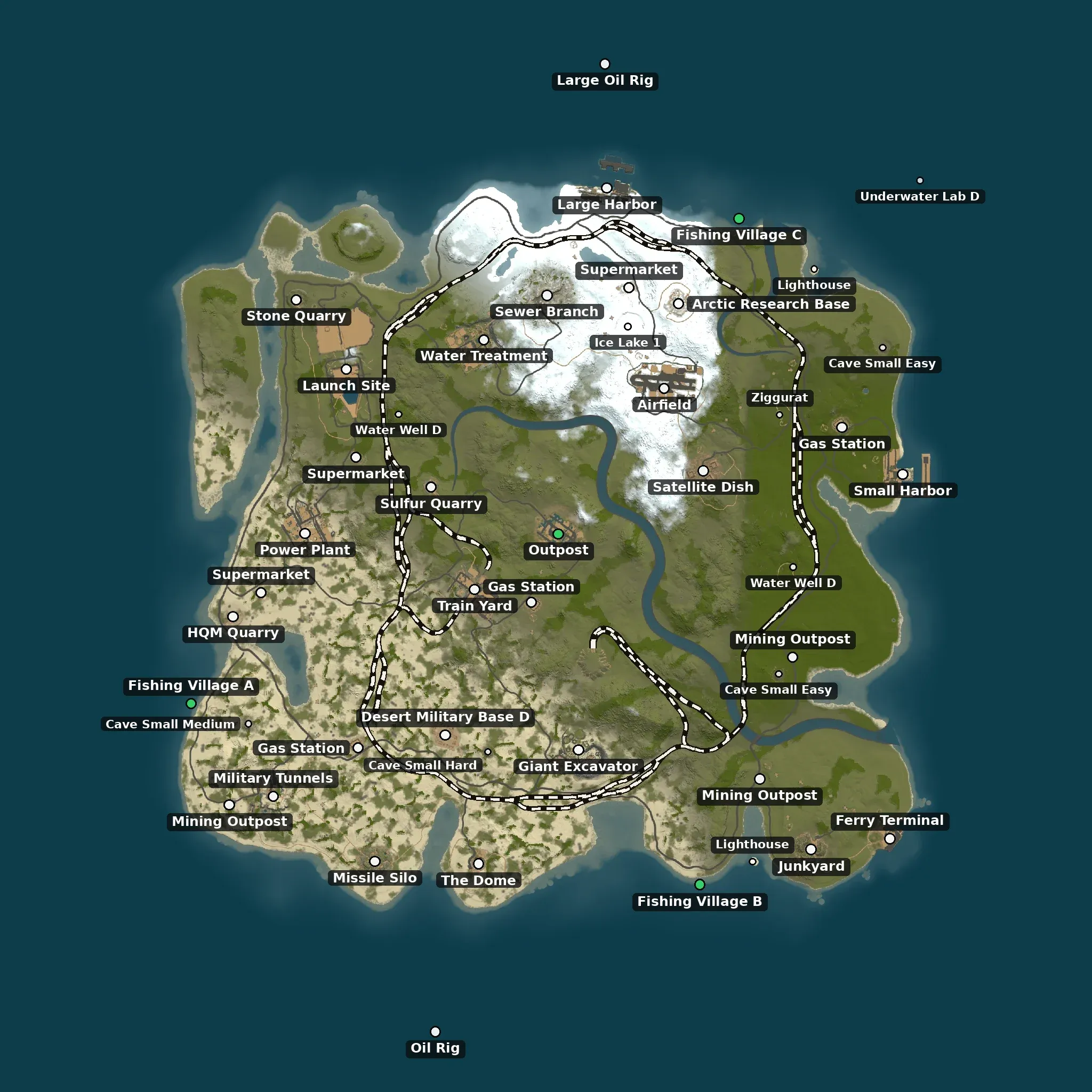 The Rail and road rings example map from above, with its monuments named