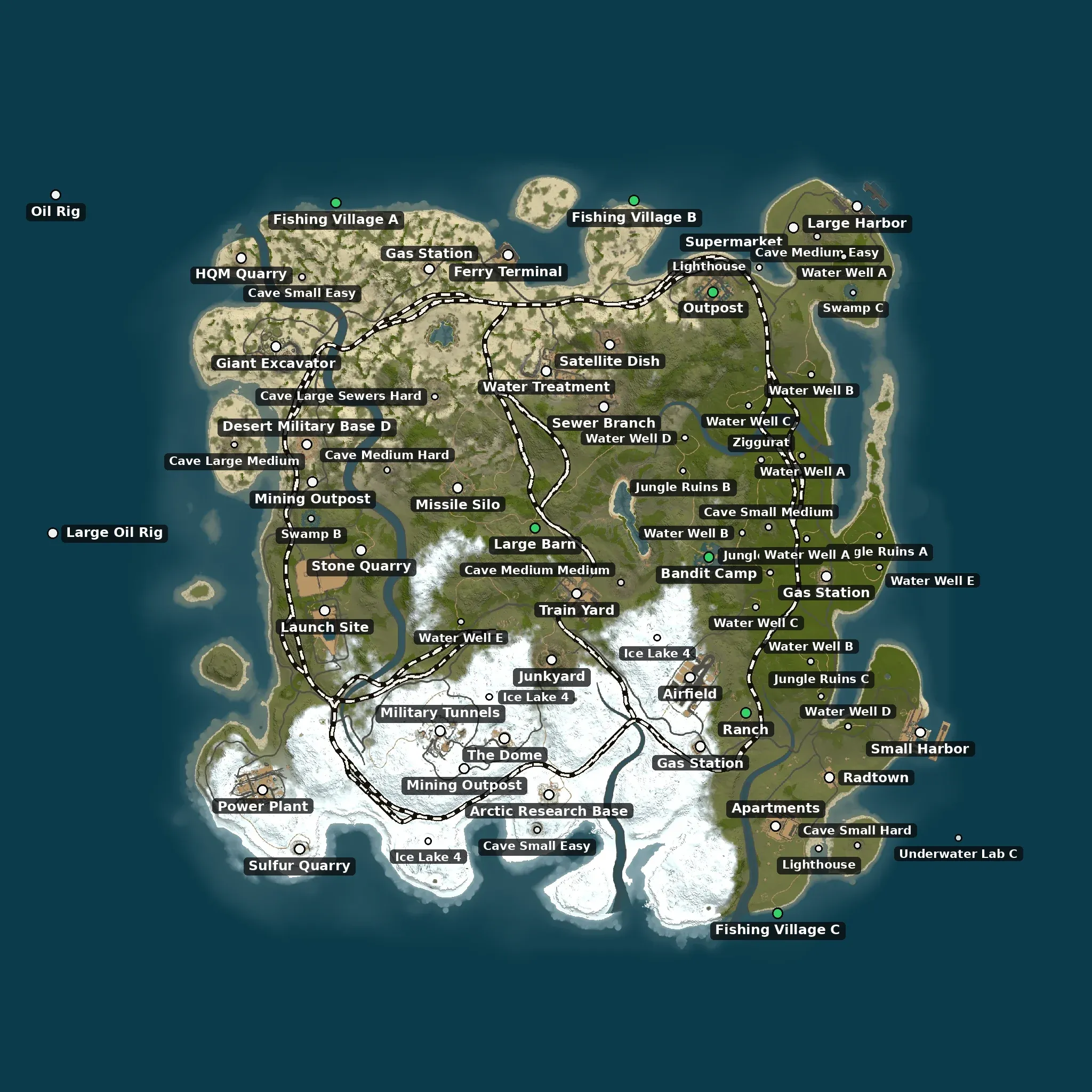 The Game default example map from above, with its monuments named