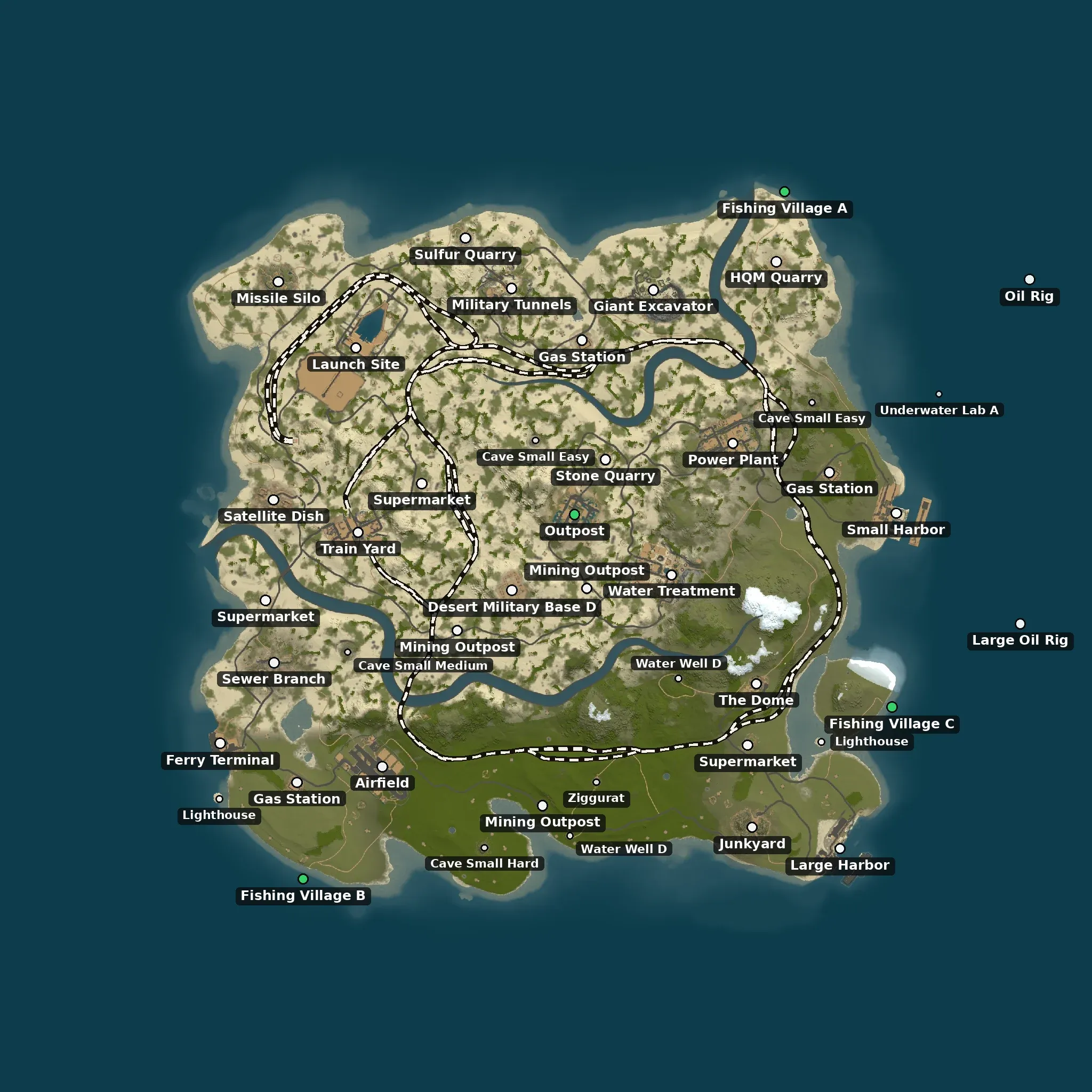 The Dunes example map from above, with its monuments named