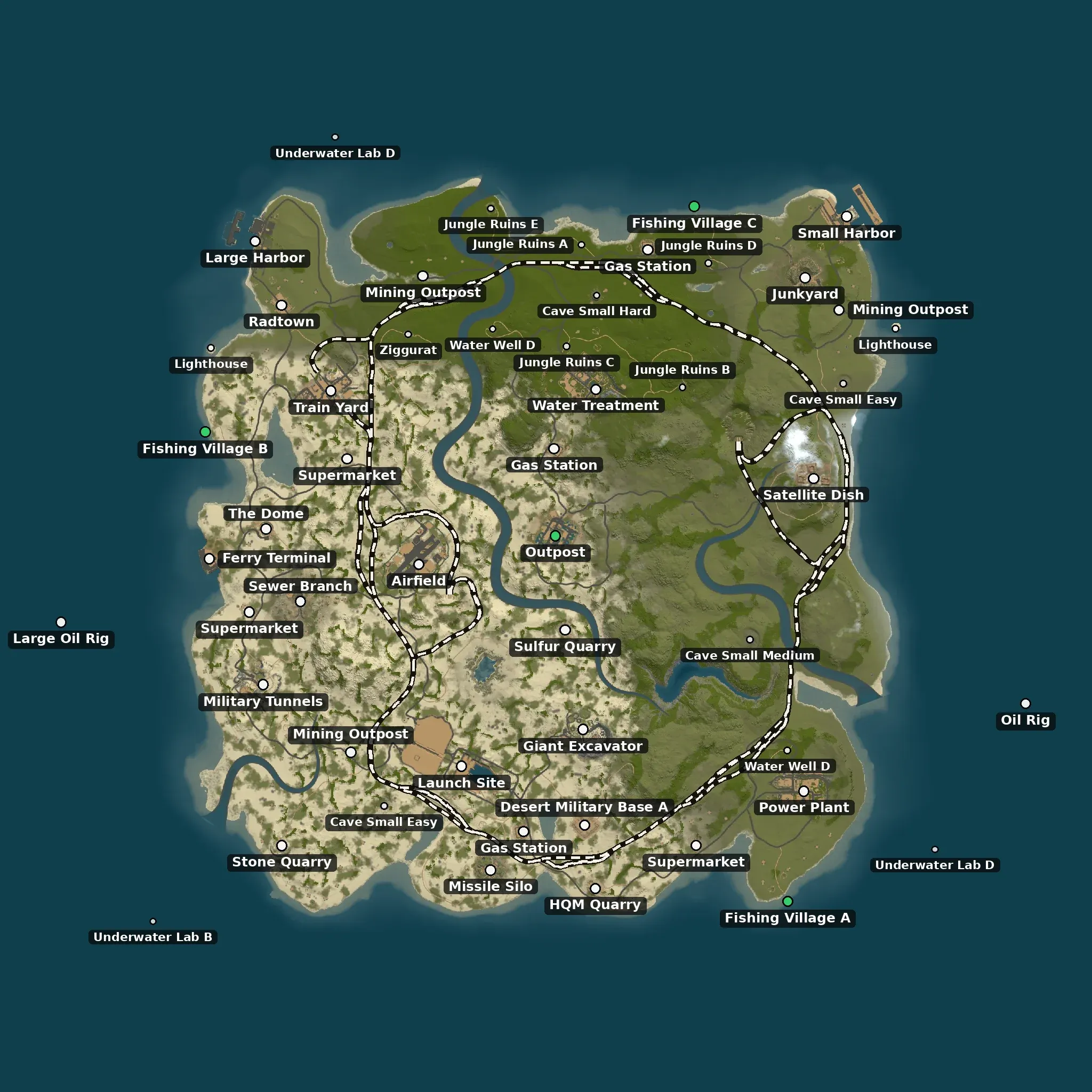 The Oases and canyons example map from above, with its monuments named