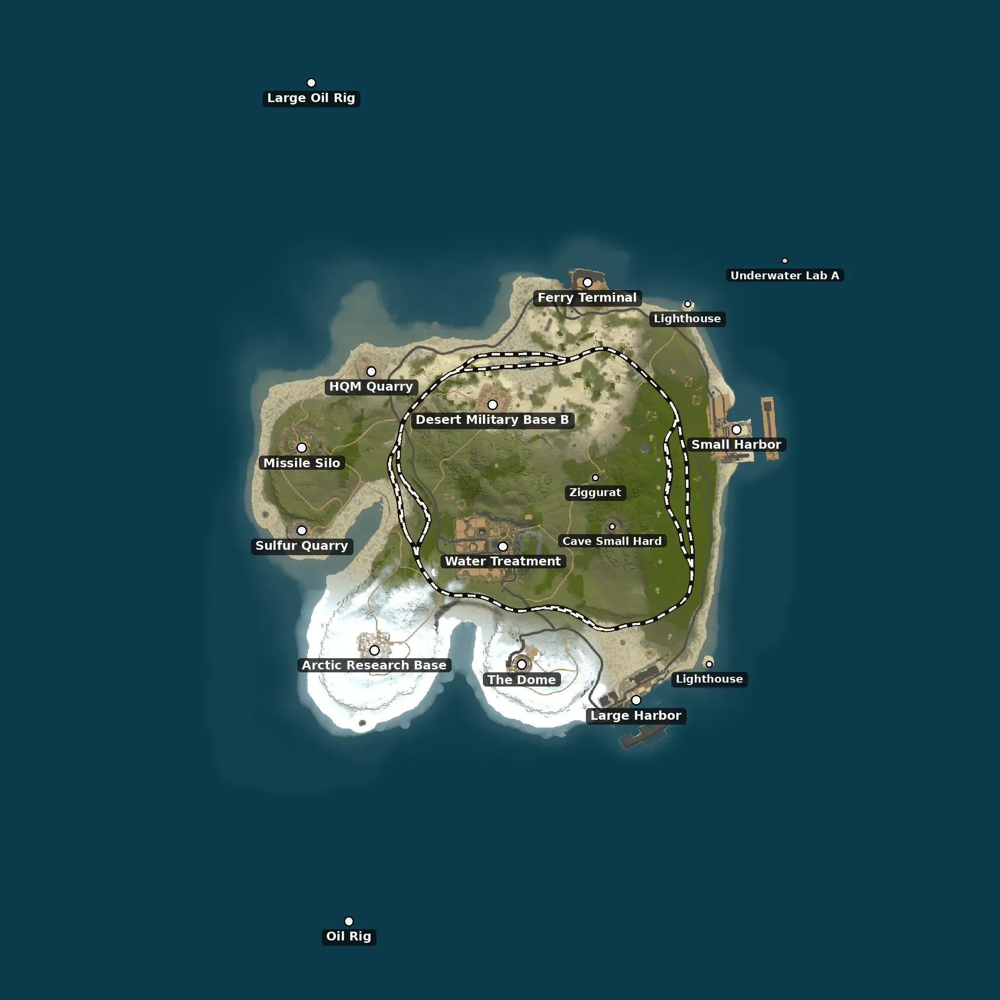 The Small, no safe zones example map from above, with its monuments named