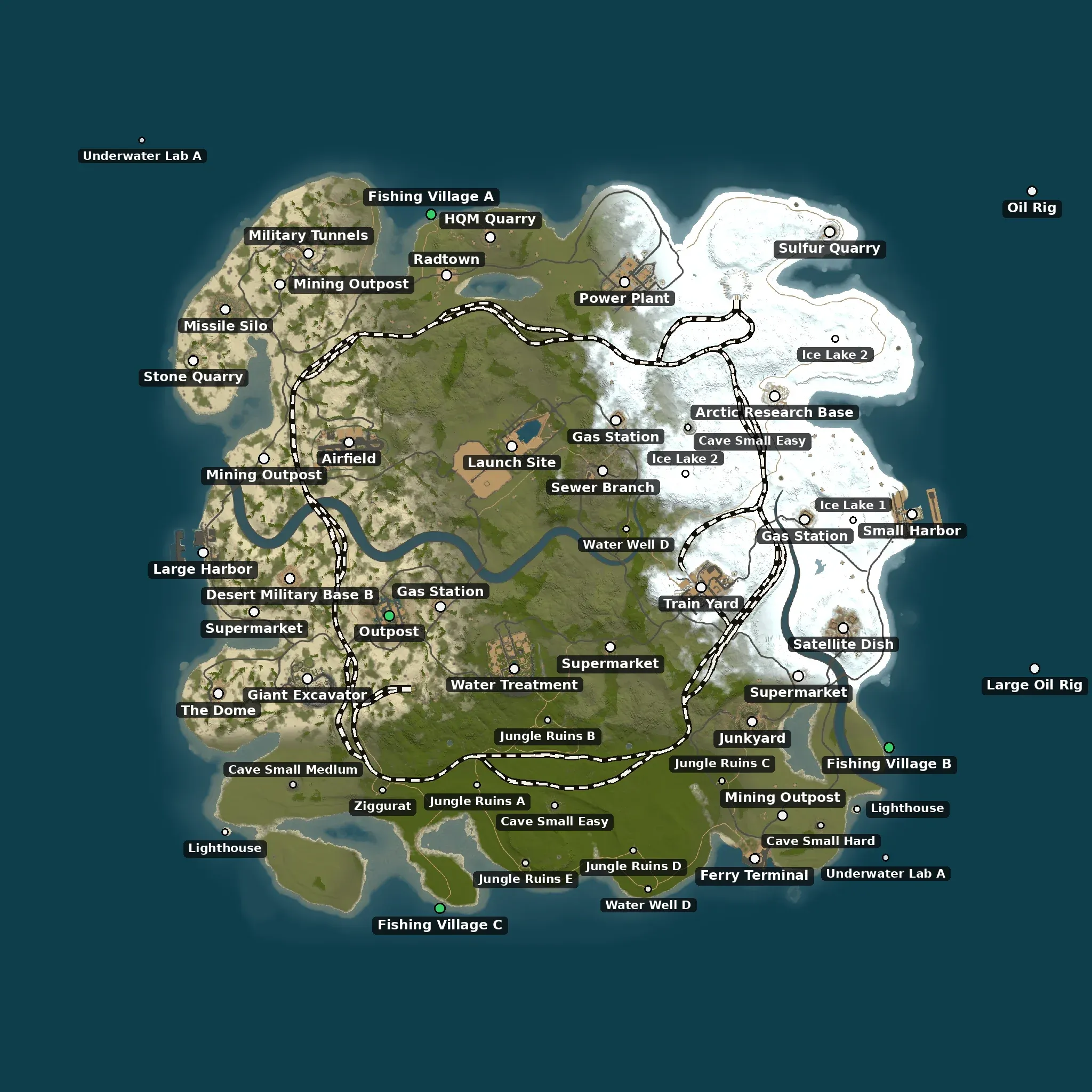 The Launch Site in the middle example map from above, with its monuments named