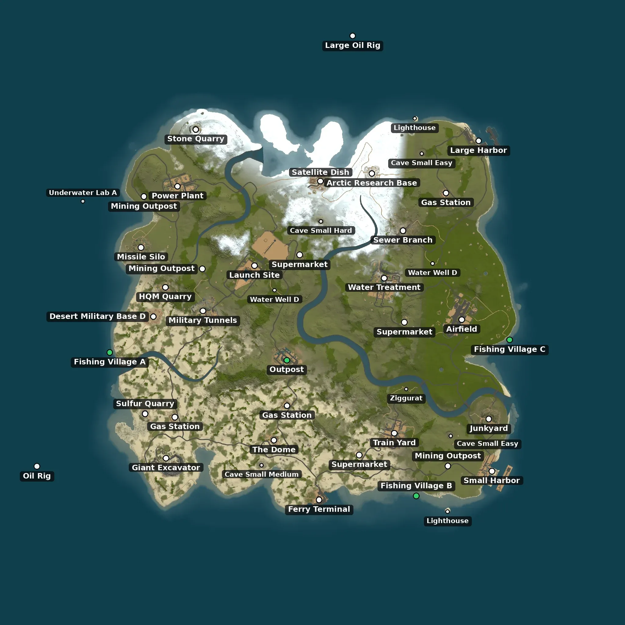 The No rails example map from above, with its monuments named