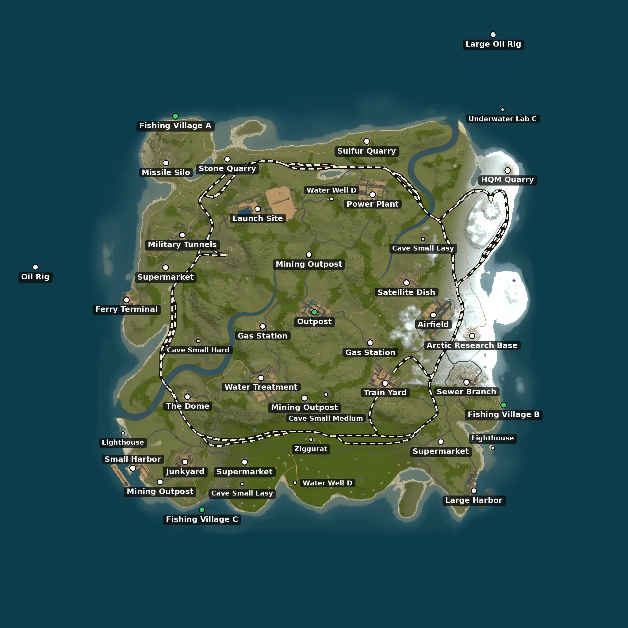 The Tundra example map from above, with its monuments named