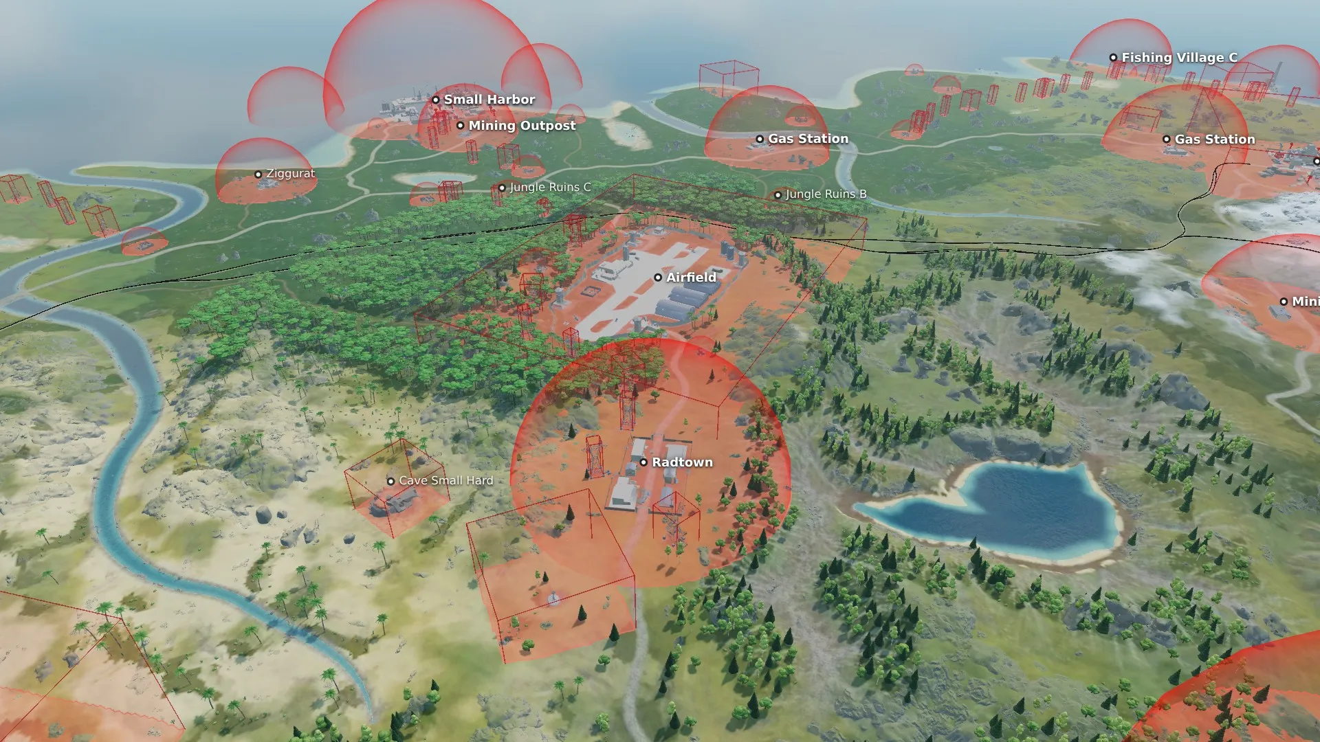 Airfield and Radtown on the Large example map, with the no-build zones in red