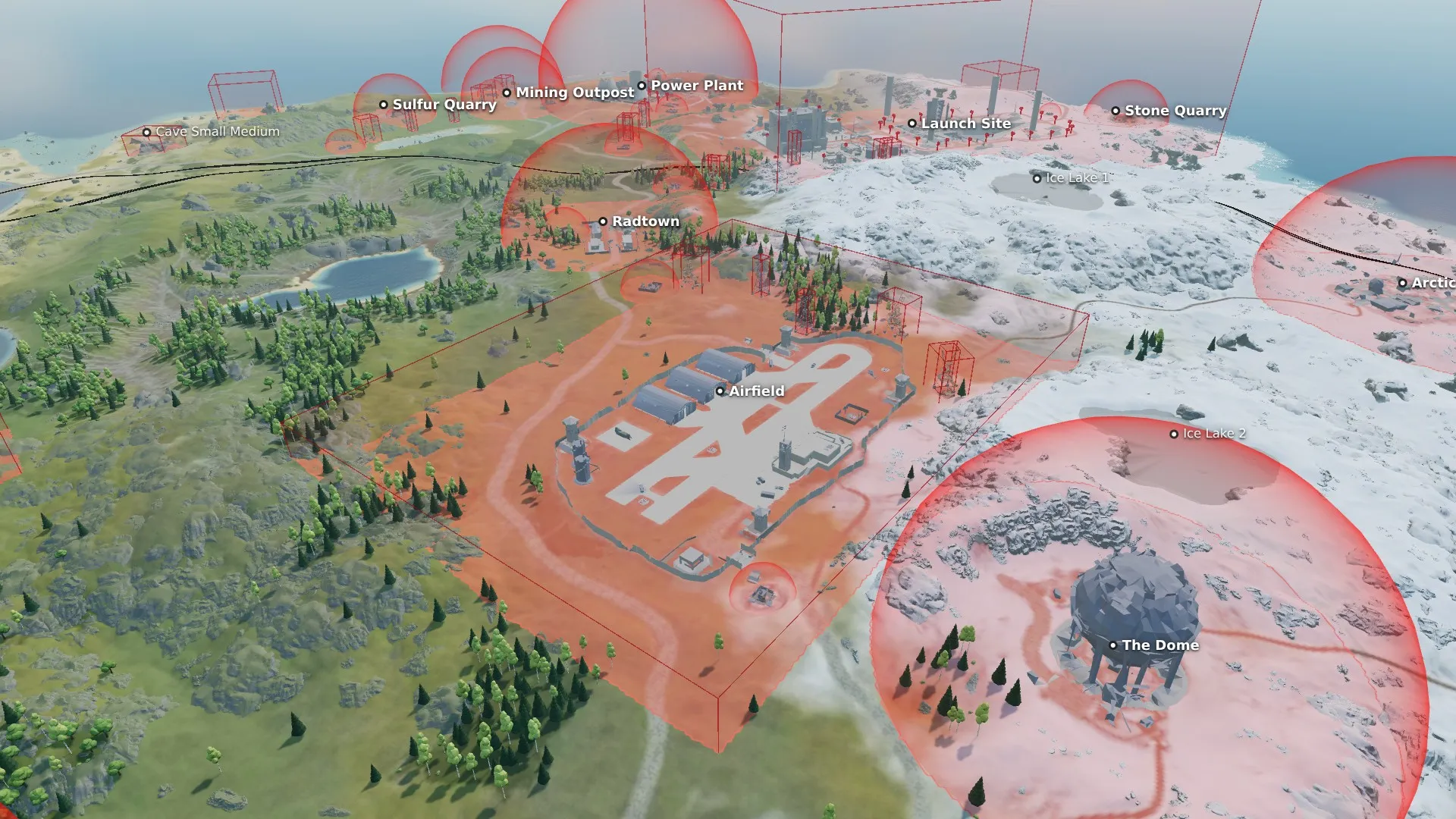 Airfield and The Dome on the Large example map, with the no-build zones in red