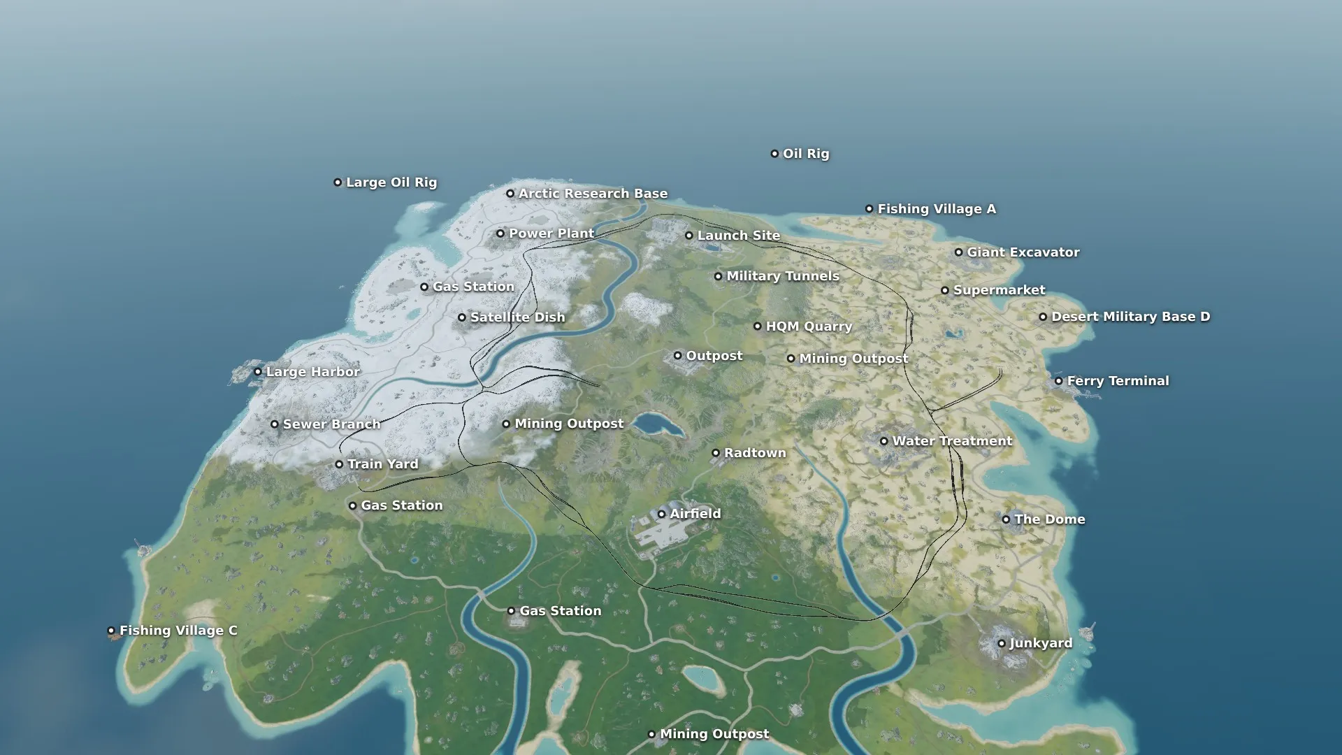 The Large example map in the 3D view: the whole island with its monuments named