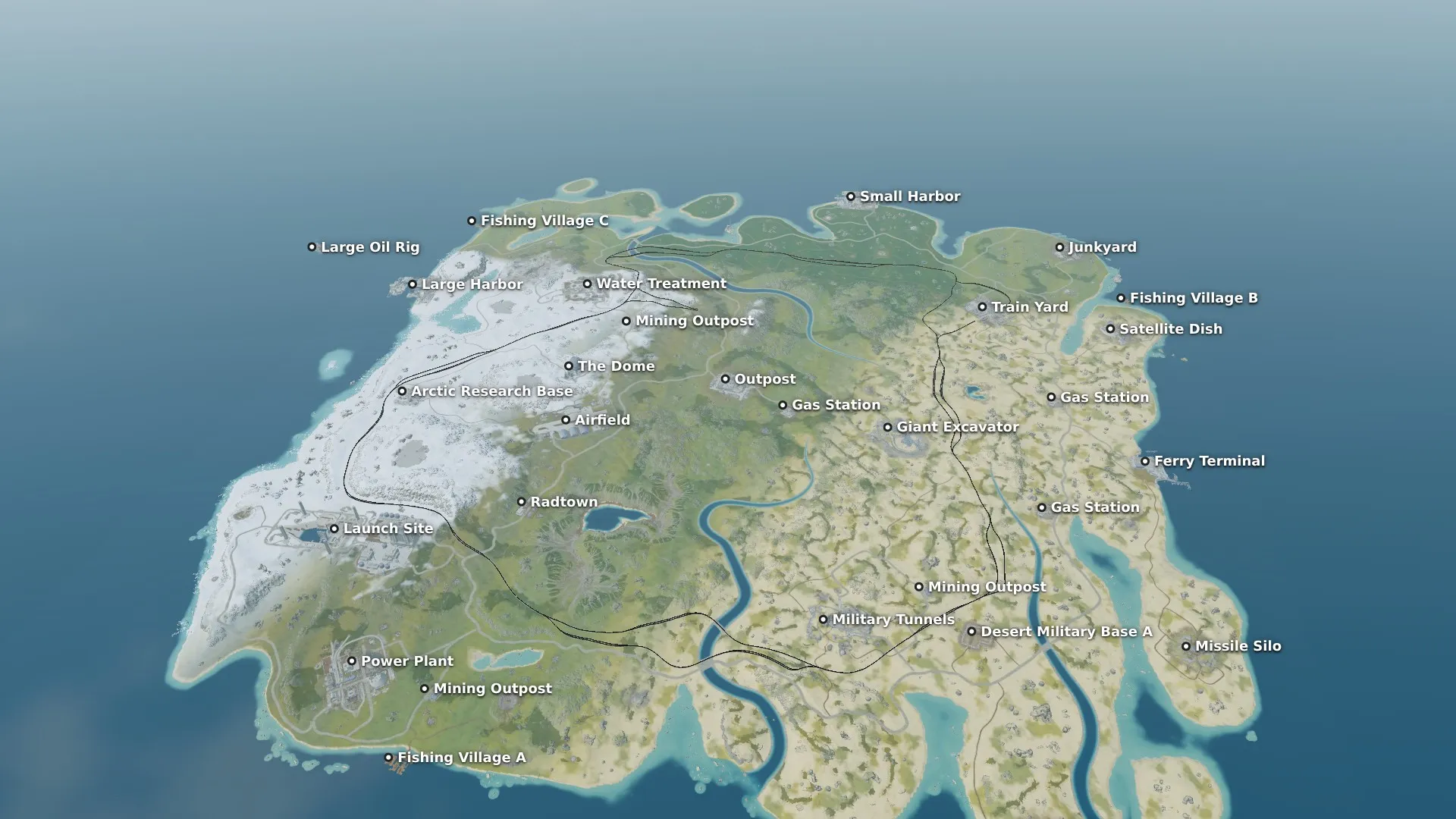 The Large example map in the 3D view: the whole island with its monuments named