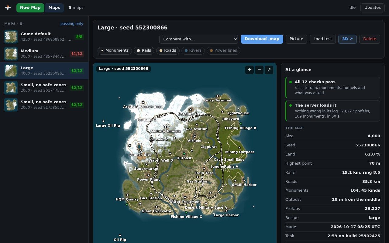 A finished map in the panel: its picture, At a glance and its checks, Load test, 3D and Download .map