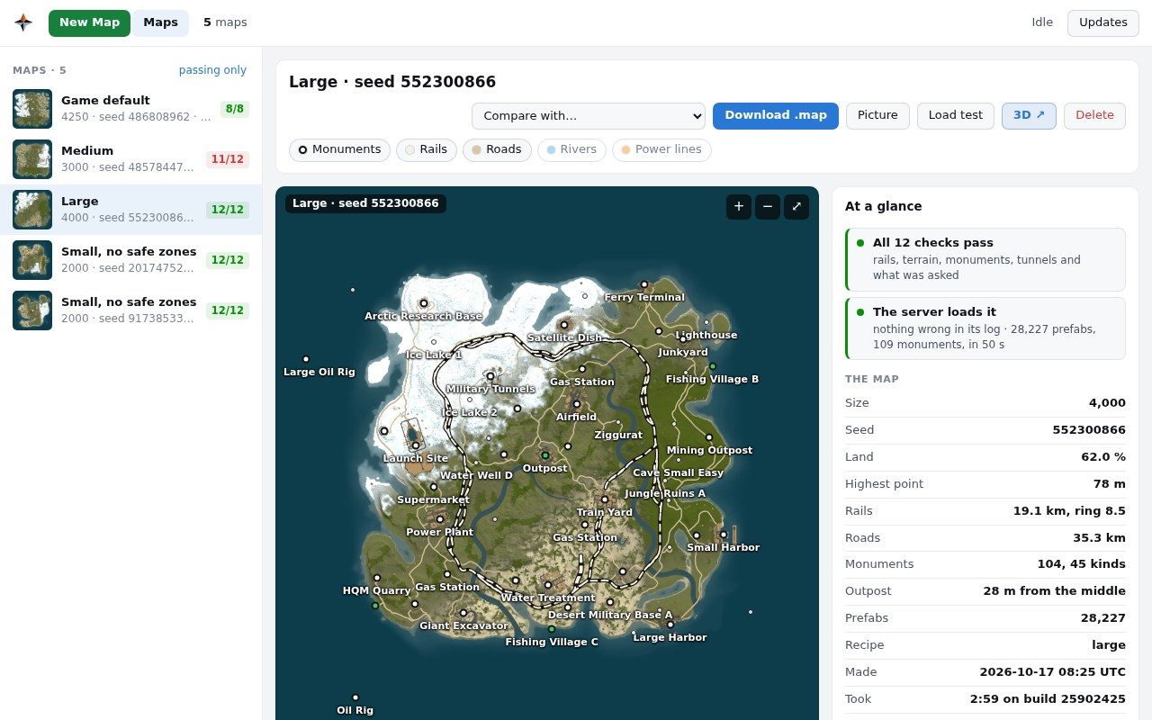 A finished map in the panel: its picture, At a glance and its checks, Load test, 3D and Download .map