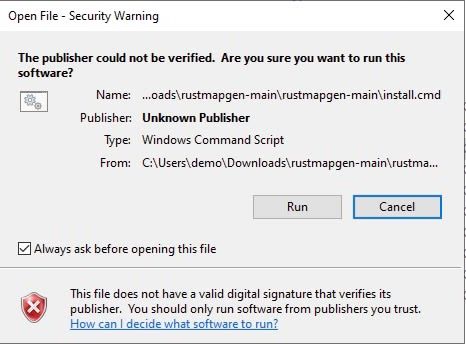 Open File - Security Warning for install.cmd, with the Always ask box and the Run button