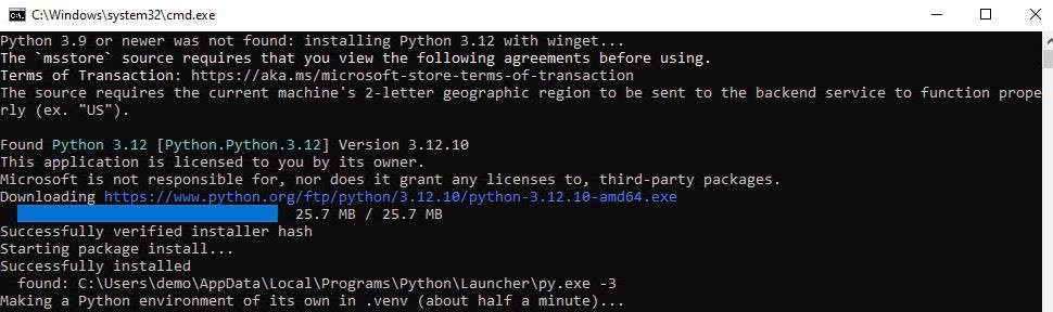 The installer finding no Python and installing Python 3.12 with winget