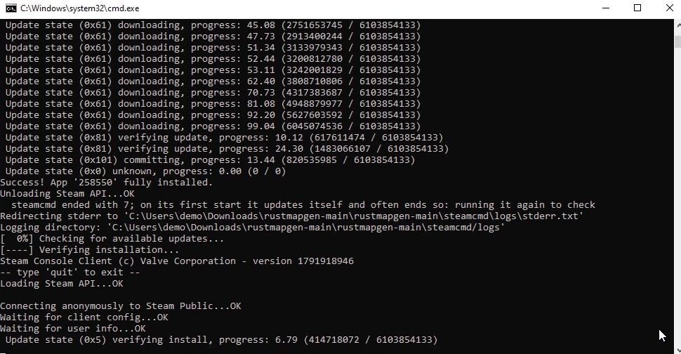 steamcmd downloading the Rust dedicated server
